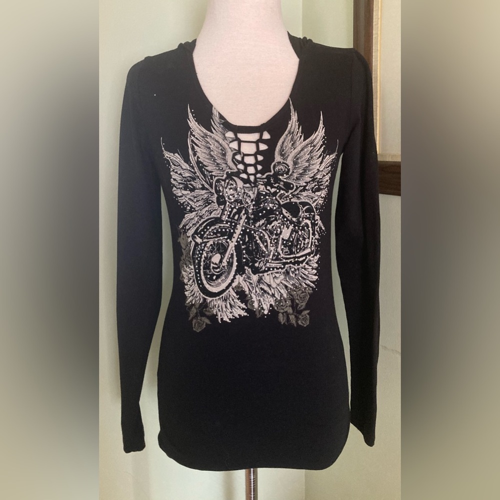 from Los Angeles Bus Stop Y2k motorcycle rhinestone long sleeve hooded Top M